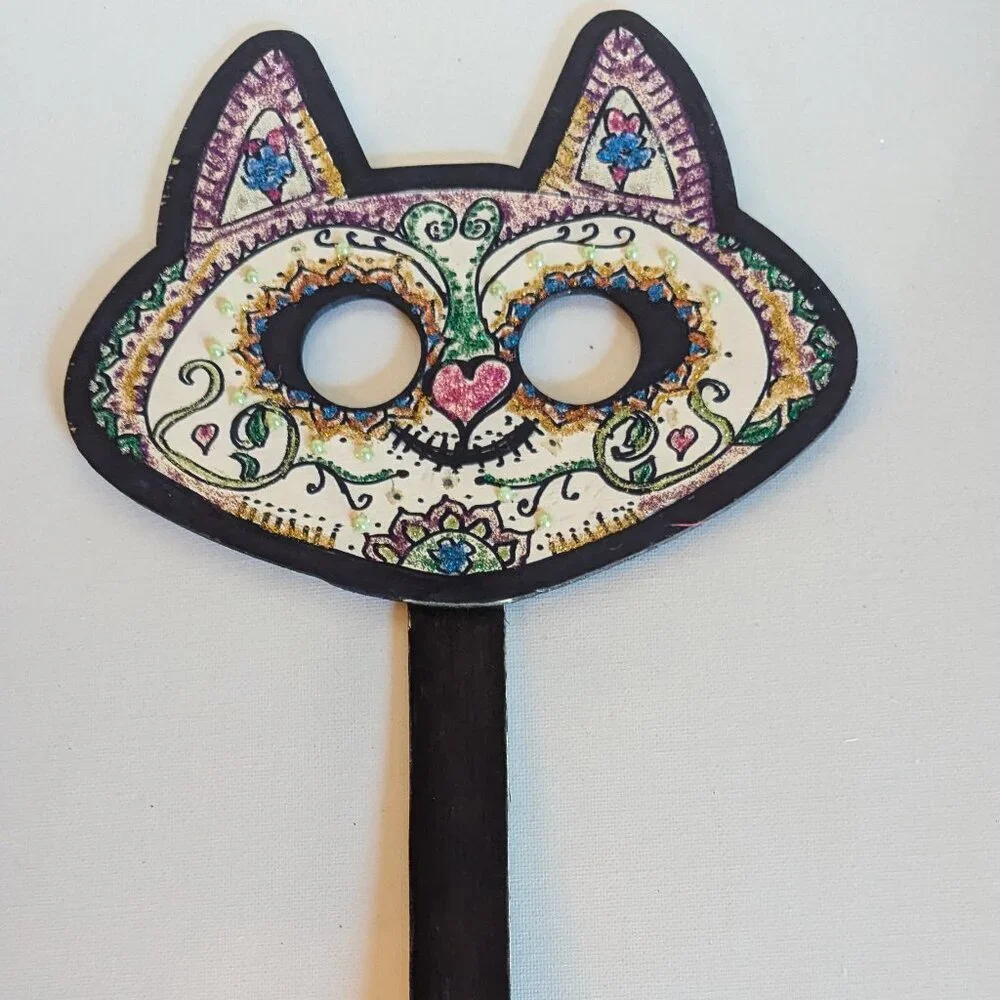OOAK Sugar Skull Cat Halloween Wood Mask Muertos Artist Masquerade Costume DDLM